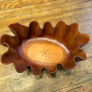Rustic Handcrafted Scalloped Edge Tooled Leather Catchall Folk Art Bowl